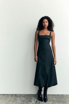 DENIM BALLOON DRESS TRF - Dark indigo | ZARA United States Chic Fitted Square Neck Denim Dress, Chic Fitted Denim Dress With Square Neck, Chic Denim Dress With Square Neck, Square Neck Denim Dress, Square Neck Lined Midi Dress, Spring Square Neck Denim Dress, Chic Square Neck Denim Dress For Spring, Spring Denim Dress With Square Neck, Casual Fitted Slip Dress With Square Neck