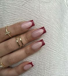 Classy Nails Long Coffin, Square Acrylic Nails Red French Tips, Red French Nails Coffin, Red Nails Square Design, Burgundy Nail French Tip, Red Acrylic Nails Designs Square, Red Square Tip Nails, French On Square Nails, Square Red Nails Design