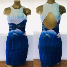 This Is A Bodycon Dress From The Beyonc X H&M Collection Size Small. Fabric Is 94% Polyester, 6% Elasthane In The Most Fabulous Scenic Landscape Print. Item Slips On Over-The-Head And Has Cut-Out At Back. No Pockets Or Fastenings. Medium Weight And Unlined. Approximate Unstretched Measurements Are 32 Inches At Bust, 27 Inches At Waist, 34 Inches At Hips, 36 Inches In Length. Item Sold In Excellent Condition! Fitted Blue Bodycon Dress With Back Zipper, Fitted Beach Dress With Back Zipper, Blue Mini Dress With Back Zipper For Summer, Blue Summer Mini Dress With Back Zipper, Blue Fitted Mini Dress With Back Zipper, Fitted Blue Mini Dress With Back Zipper, Blue Sleeveless H&m Dresses, Fitted Blue H&m Dress, H&m Blue Mini Length Dresses