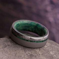 Sandblasted Men's Wedding Band With Green Box Elder Wood And Meteorite-3858 - Jewelry by Johan Green Wedding Band, Gibeon Meteorite, Box Elder, Inlay Jewelry, Meteorite Ring, Green Box, Green Rings, Wood Inlay, Titanium Rings