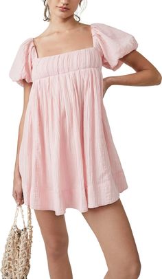 Free People Marina Tie Back Cotton Crinkle Babydoll Dress | Nordstrom Mini Babydoll Dress, Cocktail Dress Nordstrom, Cute Dresses For Party, A Line Cocktail Dress, Casual Sundress, Chiffon Cocktail Dress, Pink Dress Casual, Preppy Dresses, Country Dresses