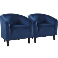 two blue chairs sitting next to each other