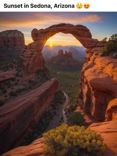 the sun is setting in sedona, arizona as seen from an arch at sunset