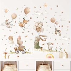 an image of children's room with balloons and animals on the wall in it