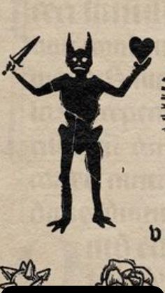 a drawing of a devil holding a heart and two knives in one hand with the other hand above it