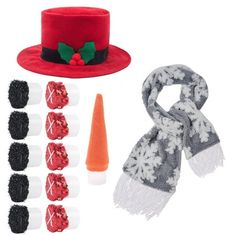 a red hat, scarf, and other accessories are arranged in the shape of an elf's hat