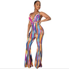 Splash Of Color Jumpsuit This Jumpsuit Has Some Stretch And Is Tall Girl Friendly Very Soft Comfortable Material Striped Jumpsuits And Rompers For Party, Multicolor Sleeveless Bodysuit For Beach Party, Multicolor Stretch Bodysuit For Beach Party, Stretch Multicolor Bodysuit For Beach Party, Chic Multicolor Swimwear, Summer Multicolor Jumpsuits And Rompers For Party, Chic Stretch Multicolor Swimwear, Chic Multicolor Stretch Swimwear, Fitted Multicolor Bodysuit For Vacation