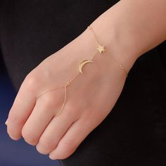 This beautiful crescent moon & star sahmeran bracelet has 14K yellow gold chain. Material :Solid Gold (not gold filled or gold plated) Karat: 14 K (585) You can personalize your bracelet length from 6 to 8.5. You can write me shorter or longer lengths. This 14K Gold moon and star Sahmeran Hand Chain Jewelry, Crescent Moon And Star, Finger Bracelets, Gold Crescent Moon, Hand Chain Bracelet, Pretty Jewelry Necklaces, Bracelet Dainty, Hand Bracelet, Dope Jewelry