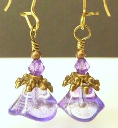 "Lavender Earrings Purple Earrings Flower Earrings, Handmade Jewelry, Vintage Style, Czech Bell Flower Earrings Deep lavender purple czech glass bell flower earrings are encircled by brass filigree bead caps, topped with lavender purple crystal bicones and hung on brass kidney hooks. These lavender flower earrings remind me of looking up from under the ocean, if the ocean were purple :-). I do have other lovely czech glass bell flower earrings in different rainbow shimmer colors, as shown in the Lavender Earrings, Earrings Purple, Purple Earrings, Earrings Flower, Purple Crystal, Violet Purple, Lavender Purple, Purple Crystals, Lavender Flowers