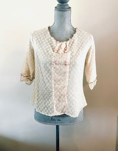 "Edwardian Handmade Silk Lace Blouse A sweet Edwardian blouse in beautiful condition.  Made of a creamy silk tulle with embroidered silk floral pattern. The round neck and 3/4 sleeves are embellished with tiny delicate roses and metallic thread ribbon work. The blouse is lined with creamy white and pink tissue silk. The blouse is also trimmed with eight self covered pink buttons on the front and has a four snap closure in the back.    The pink silk on the inside has some ware with tiny tear. Thi Edwardian Blouse, Fur Shawl, Silk Tulle, Wedding Shawl, Silk Lace, Ribbon Work, Photo Outfit, Purple Velvet, Metallic Thread