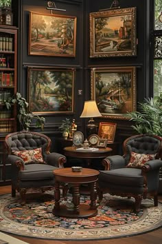 a living room filled with furniture and paintings on the wall