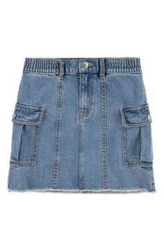 Cargo pocket lend on-trend style to this stretch-denim skirt that they'll love wearing to school, parties and weekends at the park. Zip fly with button closure Elastic waist Cargo button-flap patch pockets Unlined 97% cotton, 3% elastane Machine wash, tumble dry Imported Trendy Medium Wash Bottoms For School, School Denim Skirt With Pockets, Trendy Denim Skirt For School, School Denim Bottoms With Pockets, Summer School Denim Skirt With Pockets, Trendy Levi's Cotton Denim Skirt, Denim Bottoms With Pockets For School, Levi's Cotton Denim Mini Skirt, Levi's Cotton Mini Denim Skirt