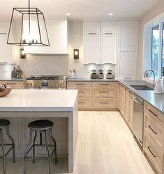 a kitchen with an island and two stools