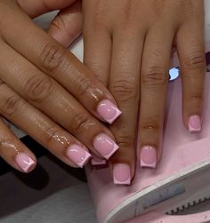 #shortnails #nailart Short Baby Pink French Tip Nails, Short Pink Set Nails, Short Nail Set Ideas Simple, Pastel Pink French Tip Nails, Pretty Pink Nails Short, Short Cute French Tip Nails, Pink Overlay Nails, Cute Short Nail Sets Pink, Cute Overlay Nails