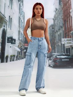 High Waist Straight Leg Denim Trousers - Light Blue,XS Casual Fall Flare Jeans With Cargo Pockets, Urban Dark Wash Mid-rise Pants, High Waist Jeans For Spring Streetwear, Urban High-waist Spring Bottoms, High-waisted Denim Bottoms For Streetwear, High-waisted Denim Pants For Streetwear, Casual High-waisted Flare Jeans For Streetwear, Fitted Denim Pants With Side Pockets, Spring Mid-rise Utility Flare Jeans