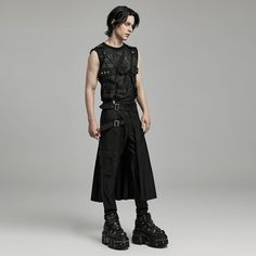 Step into the realm of alternative fashion with our Men's Punk Buckle Pleated Kilt. Crafted from woven suit fabric, this kilt is a symbol of punk rebellion and bold style, perfect for those who dare to defy convention. 
 
The kilt features an asymmetric pleated skirt design, adding movement and edginess to your look. It can be easily paired with long pants to create versatile outfits that cater to various dressing needs, making it a versatile addition to your wardrobe. 
 
Designed for customizat Skirts Men, Punk Style High Waist Pleated Skirt, Men Alternative Fashion, Punk Male Outfits, Black Lined Punk Skirt, Men In Skirts, Men In Skirts Punk, Punk Kilt Men, Black Punk Skirt With Zipper Closure