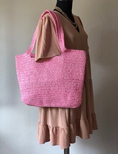 Any woman must have this bag for every fashionista.Whether you keeping it to yourself or gifting someone you care, it will be unforgettable. ✔️I made this beautiful bag from natural paper rope which is organic cotton. ✔️The interior of the straw summer bag has a magnetic button. Suitable for use as shoulder bag, beach bag or party bag ✔️You can combine your clothes with a straw summer bag on summer days ✔️Handcrrafted in Turkey ✔️Hand-crocheted with care ✔️This bag is light weight yet durable, b Spring Handwoven Shoulder Bag, Chic Pink Shoulder Beach Bag, Chic Pink Beach Bag For Daily Use, Pink Chic Beach Bag, Pink Beach Bag With Adjustable Strap, Pink Crochet Shoulder Bag For Beach, Elegant Crochet Bag For Spring Vacation, Chic Pink Beach Bag For Travel, Chic Pink Beach Bag For Summer