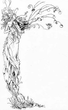 a drawing of a woman with long hair and flowers on her head, standing in front of