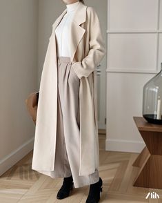 Zlily - Wool Blend Overcoat in Beige with Matching Belt Winter White Long Outerwear, Long Winter White Outerwear, Winter White Long Outerwear For Winter, Chic Wool Coat With Pockets, Spring Solid Color Wool Coat, Spring Solid Color Long Sleeve Wool Coat, Spring Long Sleeve Solid Color Wool Coat, Beige Winter Sweater Coat, Beige Solid Color Sweater Coat For Winter