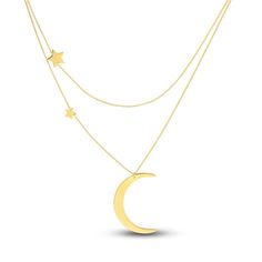 A shimmering crescent moon hangs elegantly from this playful women's necklace. Dazzling star stations embellish the chains to complete the look. Fashioned in 14K yellow gold, the 16-inch cable chain secures in place with a lobster clasp. Yellow Gold Moon Necklaces With Star Charm, Stars Necklace, Accessories Inspiration, Women's Necklace, Jared The Galleria Of Jewelry, Moon Jewelry, Moon Stars, Small Dress, Star Necklace