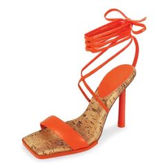 Man Made Materials. Approximate Heel Height 4 Inches. Square Toe Heel Tangerine Orange Heel Tangerine Orange Sandals Wrap Lace Up Sandals Orange Ankle Strap Sandals With 4-inch Heel, Orange Ankle Strap Sandals With Padded Heel, Orange Sandals With Padded Heel And Ankle Strap, Orange Pointed Toe Sandals For Summer, Summer Orange Pointed Toe Sandals, Orange Summer Heels With Heel Loop, Summer Orange Heels With Heel Loop, Summer Orange Sandals With Wrapped Heel, Orange 4-inch Heel Summer Heels