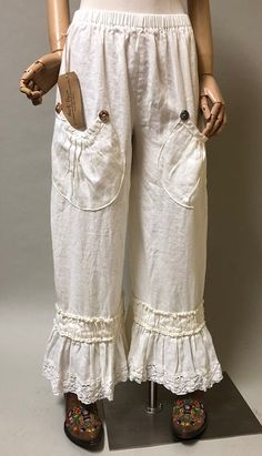 Boho Linen Wide Leg Pants with Lace Trim - Bo Peep Pant Lace Trim – Heart's Desire Clothing Goth Cabaret, Detail Couture, Shabby Chic Clothes, Bo Peep, Bohemian Clothes, Upcycle Clothes, Linen Pants, Tulum, Diy Clothes