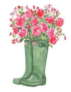 a watercolor painting of pink flowers in a green boot