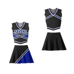 two pieces of cheerleader uniforms with the word raven's on it and blue, black