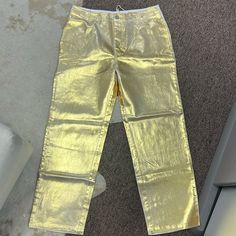 Brand New With Tags, Gold Metallic High Waist Straight Leg Pants. Trendy High Waist Gold Pants, Casual High Waist Gold Pants, Casual Fitted Gold Pants, Casual Gold High Waist Pants, Trendy Gold Wide-leg Bottoms, Trendy Gold Wide Leg Pants, Gold Fitted Casual Pants, Gold Long Pants For Summer, High Waist Gold Bottoms For Spring