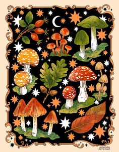 an illustration of mushrooms and stars on a black background