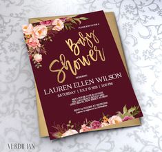 a baby shower is shown with pink flowers on the bottom and gold foil lettering that reads, baby shower