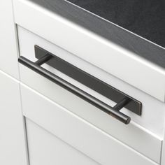 a black and white kitchen drawer with handles