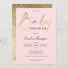 a baby shower card with gold foil on it