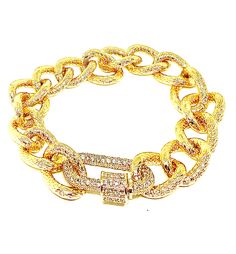 Luxurious Design: This stunning bracelet features intricately linked golden links adorned with sparkling crystal accents for an opulent, eye-catching look. Chunky Gold Bracelet, Gold Armband, Luxurious Design, Sparkling Crystal, Charm Bracelets, Wedding Shop, Gold Bracelet, Jewelry Bracelets, Gold Plate