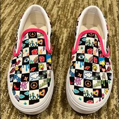 Custom Slip On Vans. My Daughter Customized These But Unfortunately They Don’t Fit Her. These Are 23cm For Size Reference Painting Vans Shoes, Cute Vans Sneakers For School, Cute Multicolor Sneakers For School, Fun Multicolor Vans Sneakers, Cute Multicolor Vans Sneakers, Painted Vans Slip On, Painting Vans, Customizing Shoes, Custom Vans Slip On