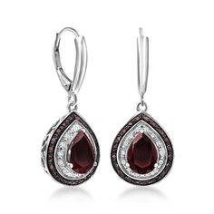 Ross-Simons - 3.70ct t. w. Garnet, .12ct t. w. Red Diamond Drop Earrings, White Diamond Accents. Positively regal and exceptionally radiant, our drop earrings provide unmatched elegance. Richly hued 3.70 ct. t. w. pear-shaped garnets are framed by white diamond accents and .12 ct. t. w. red diamonds in sterling silver. Party-ready and also perfect for a date night! Black rhodium. Hanging length is 1 3/8". Leverback, diamond and garnet drop earrings. Our red diamonds are natural diamonds that hav Fine Jewelry Red Diamond Earrings For Formal Occasions, Red Diamond Drop Earrings For Formal Events, Red Diamond Drop Earrings For Formal Occasions, Red Diamond Earrings For Formal Occasions, Formal Red Diamond Drop Earrings, Red Diamond Teardrop Earrings, Formal Red Earrings With Diamond Accents, Classic Red Pear-shaped Jewelry, Classic Red Diamond Earrings With Accents