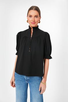 Black T Shirt Outfit Women, Jean Blouse Outfit, Chic Black Button-up Tops, Black Versatile Blouse With Button Closure, Black Button-up Blouse For Everyday, Black Button-up Top With Placket, Versatile Black Button-up Blouse, Stand Collar Blouse, Style Capsule