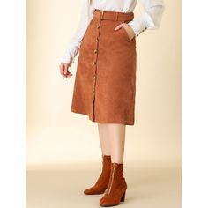 Indulge in a perfect blend of comfort and style with this ribbed corduroy A-line skirt. The high-fitted waist and slightly flared hem add a touch of elegance to the skirt, while the matching waist tie accentuates your curves, creating a flattering silhouette. The elastic waist and belted detail make it comfortable to wear all day long. This versatile skirt is suitable for any occasion, be it a party, a day out shopping, or a day at the office. The midi length adds a touch of sophistication to th Corduroy Midi Skirt, Checked Jacket, Denim Blouse, Corduroy Fabric, Midi Length Skirts, Fall Skirts, Womens Clothing Sizes, Denim Outfit, A Line Skirt