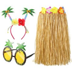 PRICES MAY VARY. Beautiful Combo: there is 1 hula skirt, 1 coconut tree and flower glitter headpiece and 1 pineapple sunglasses that can be applied individually or combined to suit your Hawaiian party decorating needs Sturdy and Serviceable: the tropical sunglasses are made of quality plastic and glitter powder, sturdy and serviceable, and the headpiece is constructed of plastic, felt, silk and feathers, as well as the polyester Hawaiian skirt, which are not reliable and not easy to break for lo Playful Summer Party Supplies, Luau Party Outfits, Tropical Sunglasses, Luau Party Outfit, Glitter Sunglasses, Pineapple Sunglasses, Hawaiian Skirt, Luau Party Decorations, Hula Skirt