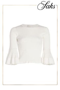 Complete with a ruffled hem, Zimmermann's Natura top features a rib-knit design and three-quarter-length bell sleeves. Crewneck Three-quarter-length sleeves Pulls over 69% viscose/31% polyester Trim: 100% polyamide Dry clean Imported SIZE  FIT About 19.5 from shoulder to hem Model measurements: 5'10 tall Model is wearing a US size 4 ABOUT THE BRAND Ruffled Top, Feminine Aesthetic, Tall Model, Ruffle Top, Knitting Designs, Model Measurements, Three Quarter, Rib Knit, Apparel Accessories