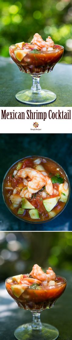 mexican shrimp cocktail in a glass serving dish