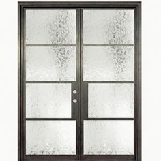 a double glass door with frosted glass on the front and side panels in dark wood