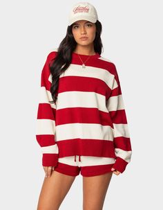 Elevate Your Sweater Game With This Trendy Striped Knit. With Its Cool Look And Oversized Fit, You'll Be Looking Cute & Cozy With Every Wear. Sweater. Oversized Fit. Striped Pattern. Knit Fabric. Matching Set. 100% Cotton. Model Wears Size S. Model Height Is 5'8. Item Care: Machine Wash At Maximum Of 30ºc, Do Not Bleach, Tumble Dry Low, Iron At A Maximum Of 110ºc, Do Not Dry Clean. | Edikted Riley Oversized Striped Sweater Chino Pants Women, Wwe T Shirts, Flannel Sweatshirt, Fabric Matching, Oversized Striped Sweater, Oversize Sweater, Sweater Oversized, Sweater Oversize, Girls Blouse