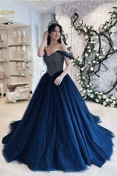 Luxury Navy Blue Tulle Off the Shoulder Prom Dresses,A-line Beading Evening Gown,SF0252 on Storenvy Navy Blue Ball Gown, Beaded Bodice Prom Dress, Prom Dresses Off The Shoulder, Blue Evening Dress, Navy Blue Prom Dresses, Gown Blue, Quinceanera Dresses Blue, Blue Ball Gowns, Long Prom Gowns