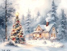 a painting of a christmas tree in front of a house with snow falling on the ground