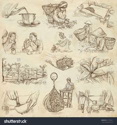 hand drawn illustrations on old paper with people and farm animals stock photo - 54978