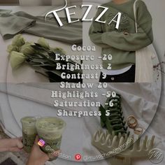 there is a poster with different items on the table and in front of it that says tezza