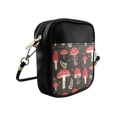 Cute amanita magic mushroom vegan leather mini sling bag (Model 1627)Type: High-grade PU leather, Shoulder & sling, 5.6"(W) x 6.6"(H) x 1.95"(D) 7.41 Oz. Made from high-grade PU leather. Hand-stitched finishing. Features: top zip closure, multi-functional front slip pocket. Detachable 38" leather shoulder strap. Large capacity for makeup, mobile phone, purse, keys and so on. Designer Tip: To ensure the highest quality print, please note that this product's recommended uploaded image size in pixe Rectangular Bag With Mushroom Design Gift, Everyday Rectangular Shoulder Bag With Mushroom Print, Rectangular Shoulder Bag With Mushroom Print For Everyday Use, Rectangular Mushroom Print Shoulder Bag For Everyday Use, Mushroom Vegan, Leather Goth, Mini Sling Bag, Small Sling Bag, Forest Witch