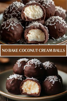 chocolate coconut cream balls on a plate with the words no bake coconut cream balls