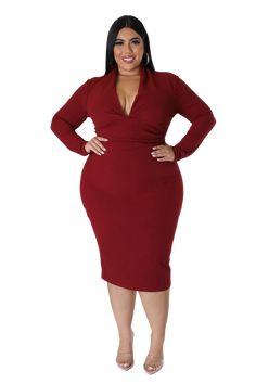 Stretch dress V neck Long sleeves Ruched Zipper closure 95% polyester 5% spandex Hand wash cold Model is wearing a 2X Wine Colored Dresses, Chic And Curvy, V Neck Midi Dress, Plus Size Models, Dress Midi, Stretch Dress, Plus Size Dress, Plus Size Dresses, Final Sale